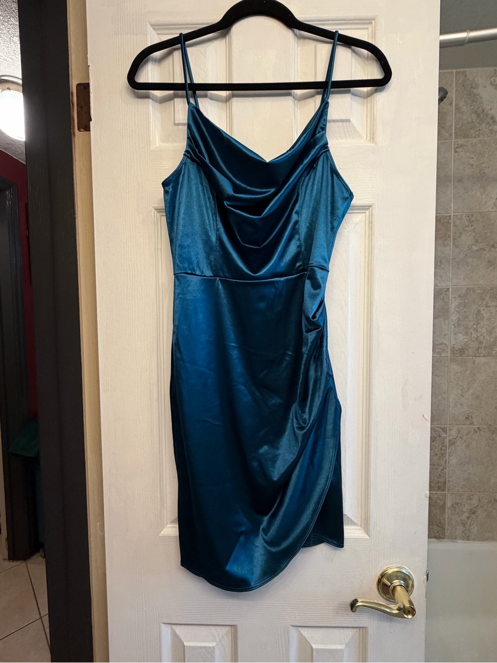 Satin Cowl Neck Mini Dress in Teal Blue